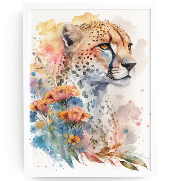 Other - Cute Floral Cheetah Watercolor Wall Art Illustration Print Poster Card Unframed